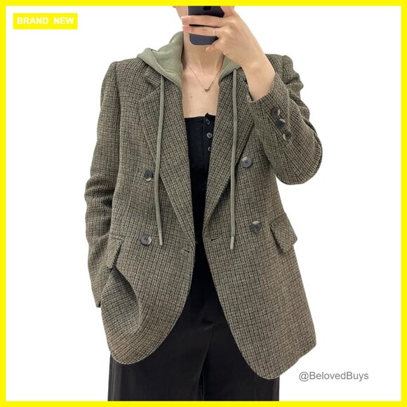 Oversized Hooded Blazer Jacket Double-Breasted Loose Fit Work Office Suit